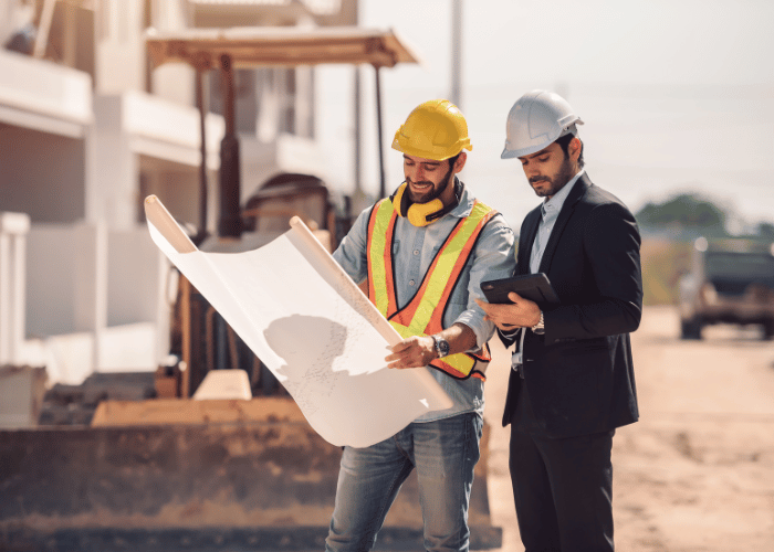 Construction safety managers using digital technology and tablets on construction site